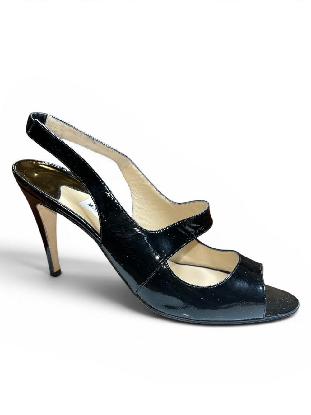 Manolo Blahnik Size 40 Black Patent Leather Open Toe Slingback Heels Vintage New